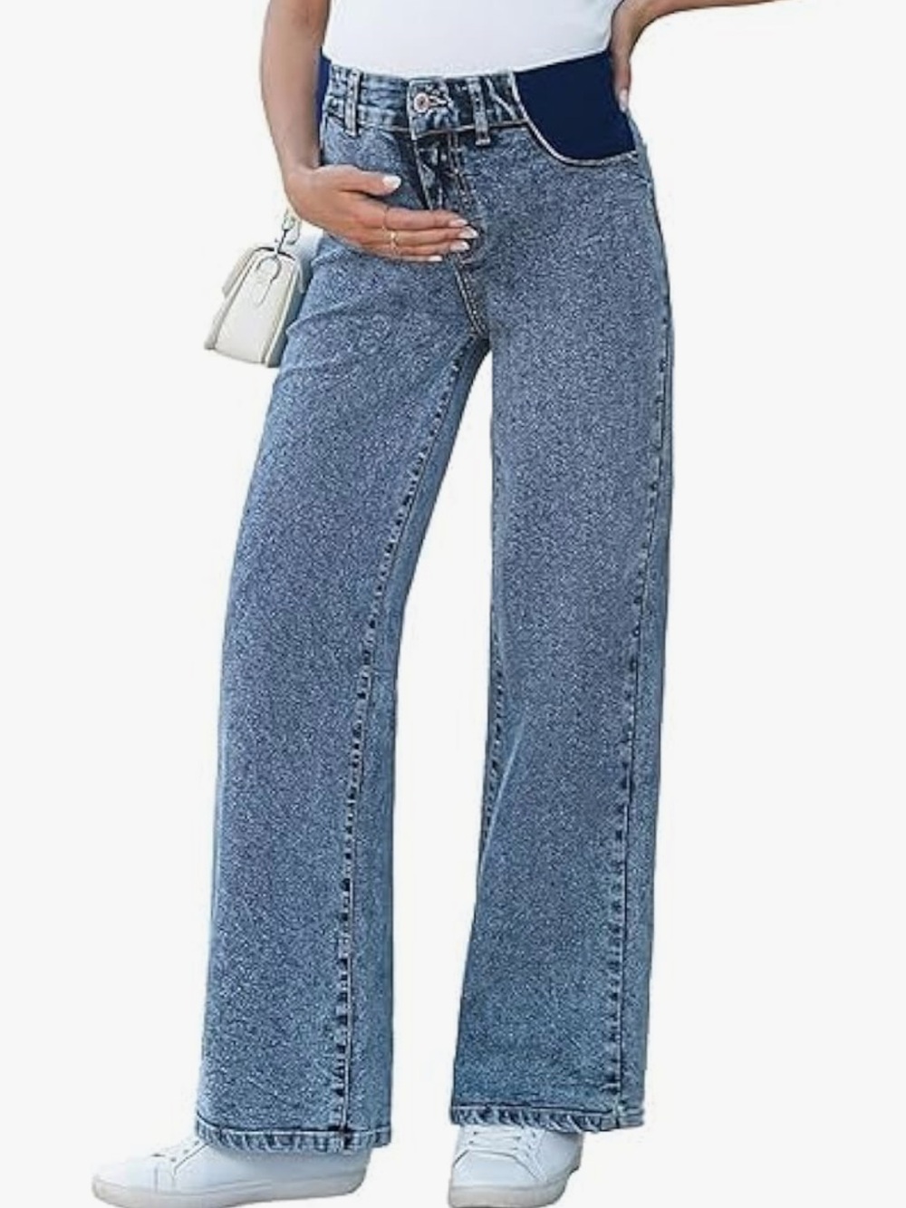 Amazon Women’s Maternity Light Blue Denim Jeans with Navy Elastic Waist Panels